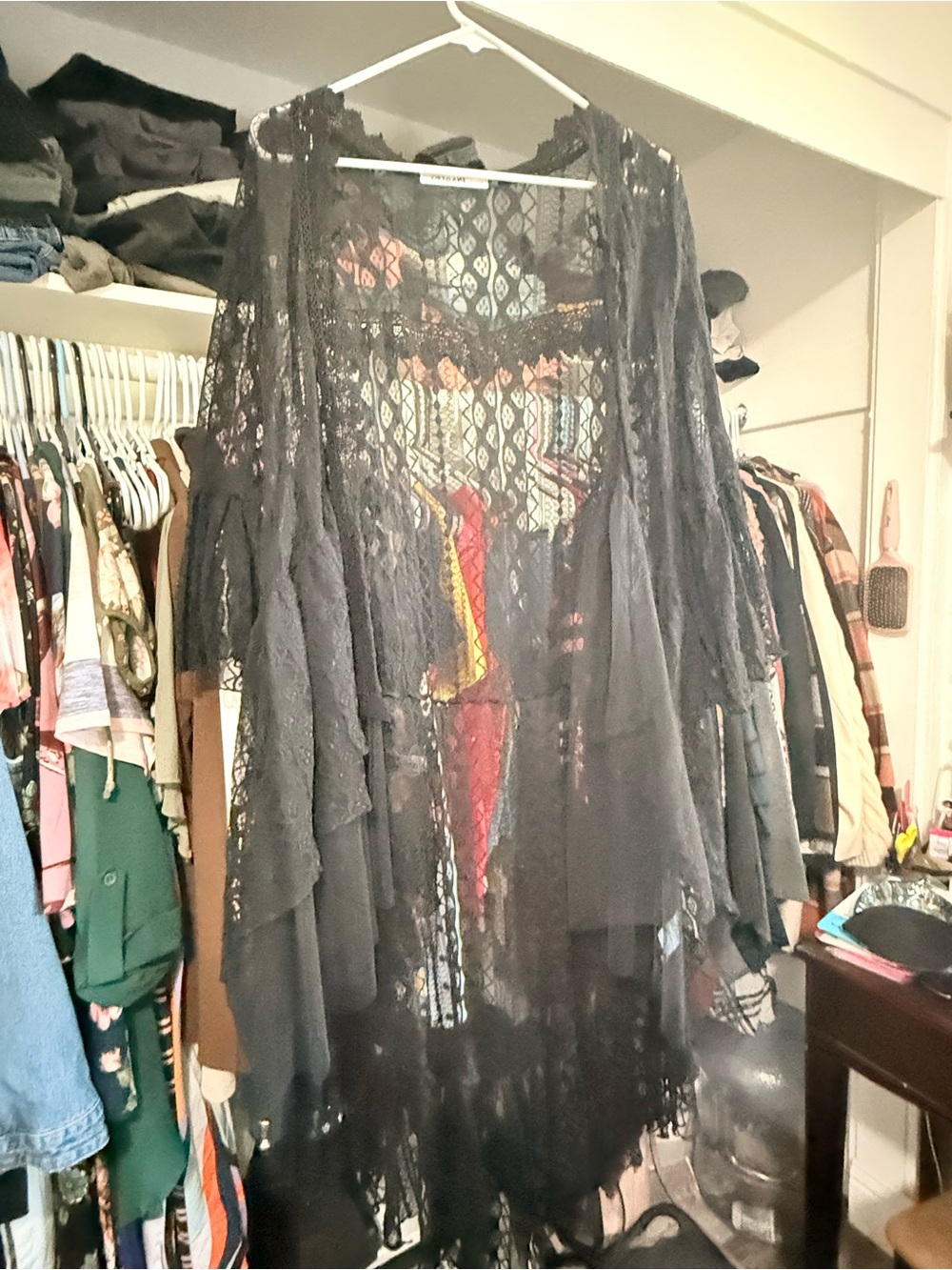 Sheer Black Lace Duster Jacket with Cascading Hem